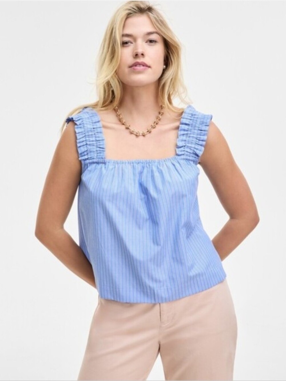 On 34th Blue Striped Ruffle Strap Tank Top XL NWT - Picture 1 of 8